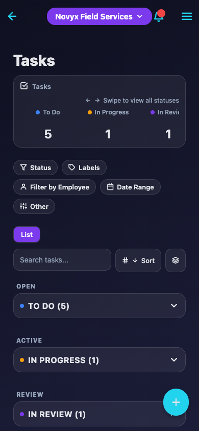 JBTrack mobile app task list