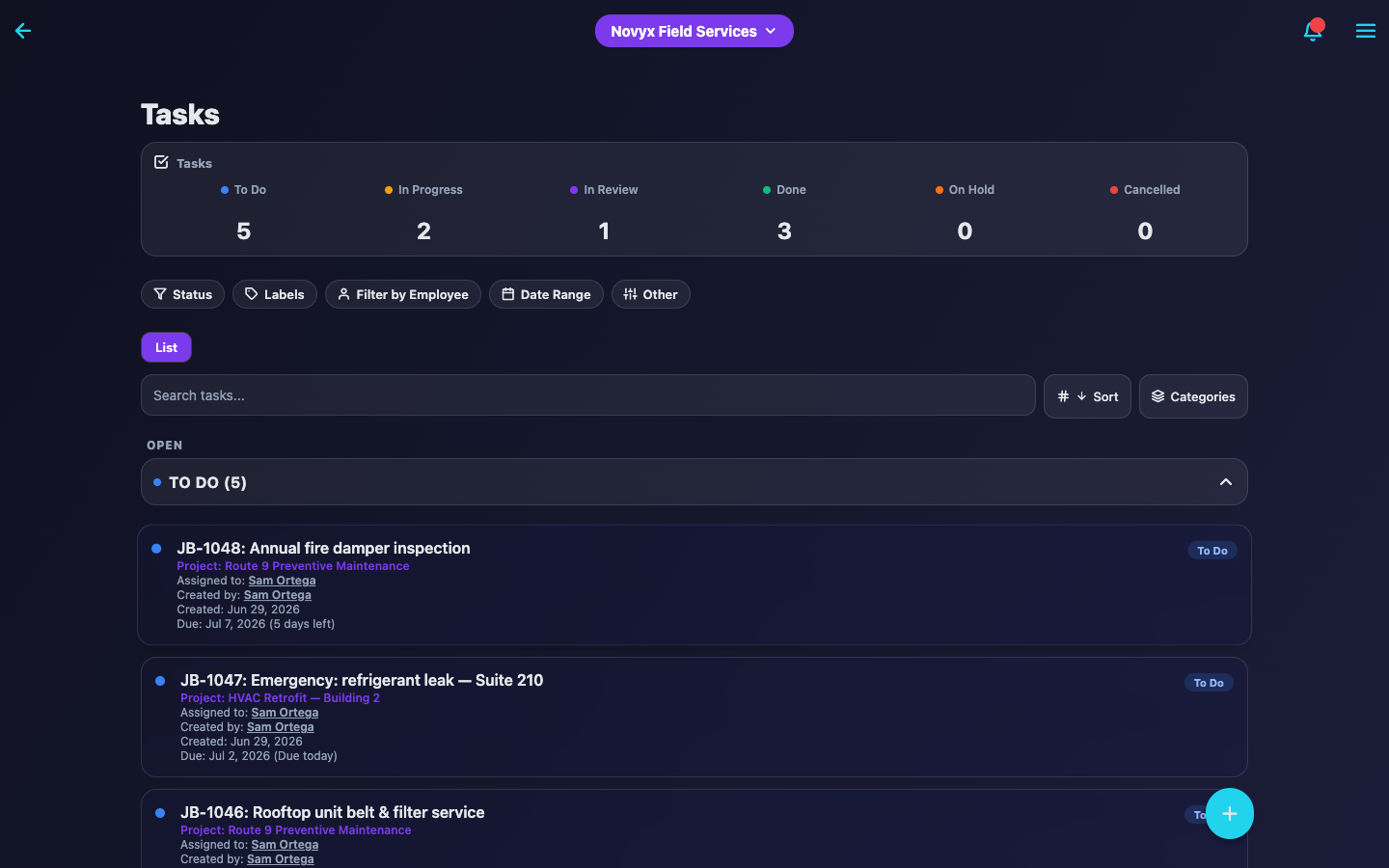 JBTrack task list showing jobs with statuses and assignees